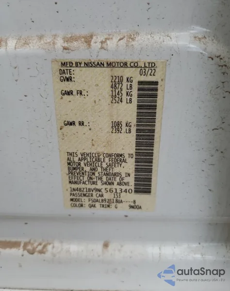 2022 Nissan Leaf S Plus z USA, uszkodzony, nr VIN 1N4BZ1BV9NC561340